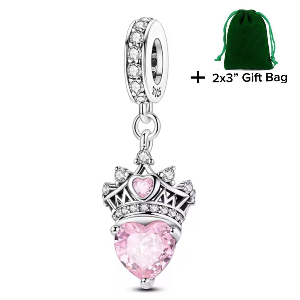Mom Crown Pink Crystal Heart Dangle Charm | 925 Silver | Brand New
